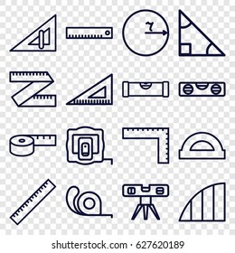 Ruler icons set. set of 16 ruler outline icons such as measure tape, tape, angle, protractor, triangle, circle