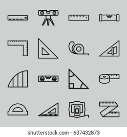 Ruler icons set. set of 16 ruler outline icons such as measure tape, tape, angle, protractor, triangle