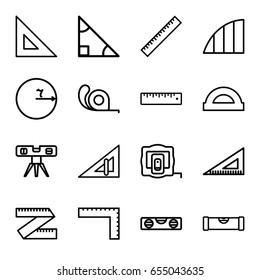 Ruler icons set. set of 16 ruler outline icons such as measure tape, tape, angle, protractor, triangle