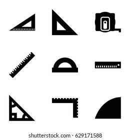 Ruler icons set. set of 9 ruler filled icons such as ruler, measure tape, angle, protractor