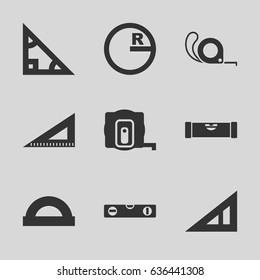 Ruler icons set. set of 9 ruler filled icons such as measure tape, tape, protractor, triangle