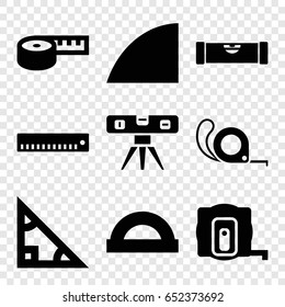 Ruler icons set. set of 9 ruler filled icons such as measure tape, tape, angle, protractor, triangle