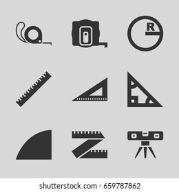 Ruler icons set. set of 9 ruler filled icons such as measure tape, tape, angle, triangle