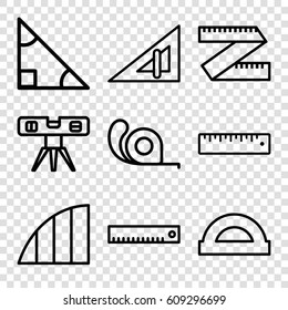 Ruler icons set. set of 9 ruler outline icons such as tape, angle, protractor