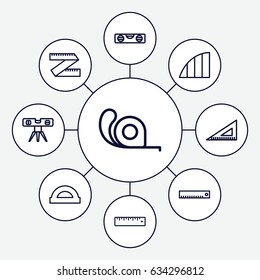 Ruler icons set. set of 9 ruler outline icons such as tape, angle