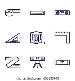 Ruler icons set. set of 9 ruler outline icons such as measure tape