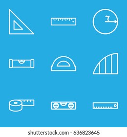 Ruler icons set. set of 9 ruler outline icons such as angle, protractor, circle
