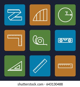 Ruler icons set. set of 9 ruler outline icons such as tape, angle