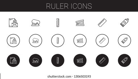 ruler icons set. Collection of ruler with stationary, stapler, stapler remover, glue. Editable and scalable ruler icons.