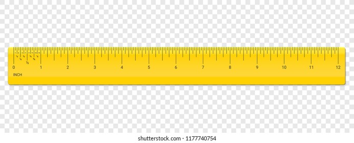 Ruler inch scale. Vector school, plastic yellow ruler with inches measurement
