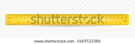 Ruler inches and 30 cm scale on both sides. Vector school, plastic yellow isolated rulers with double side measuring inches and centimeters Foto stock © 