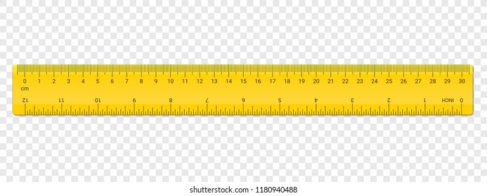 Ruler inches and cm scale on both sides. Vector school, plastic yellow isolated rulers with inch and centimeters double side measurement