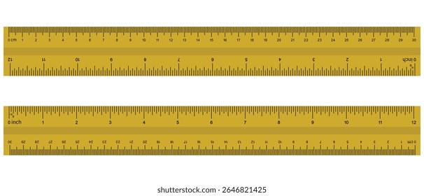 Ruler inches and cm scale on both sides. Inch, cm metric rulers. inch and centimeters double side measurement  yellow isolated rulers. Measuring tool. Ruler 30 cm, 12 inch. Vector illustration.