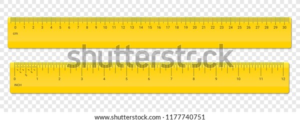 Ruler inches and cm\
scale. Vector school, plastic yellow isolated rulers with inch and\
centimeters measurement