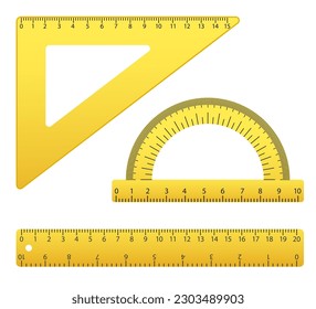 Ruler instruments 20 centimeters with isolated on white. Measuring tool. School supplies. Plastic yellow insulated ruler with double side measuring inches and centimeters. Vector illustration