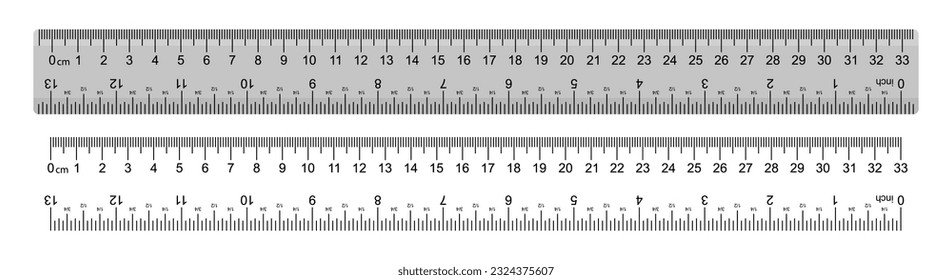 Ruler marked with centimeters, inches and combined rectangular shapes. Output inch line. Vector graphics on a white background.