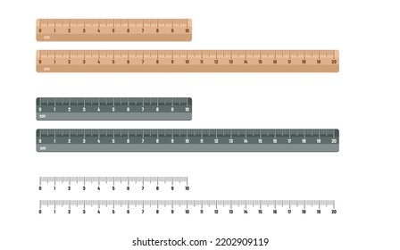 Ruler. Mathematical Wooden and metal ruler vector, illustration. For math and physics lessons. Vector illustration of different size indicators isolated on white background. Set of measure instrument