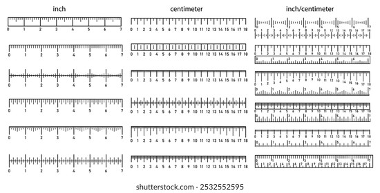 Ruler measurement scales. Inch, centimeter and mixed rulers, precise metric and imperial scales. Horizontal meter distance or scale markup, size indicators vector set.