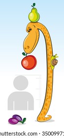 Ruler for measuring the growth of children in the form of a giraffe with an apple. Vector illustration