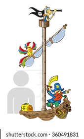 Ruler for measuring the growth of children in the form of a pirate ship. Vector illustration