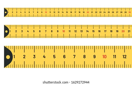 Ruler measuring long tape set. Yellow tape lines with inches and metric centimetres