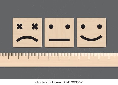 Regla que mide el nivel de sentimiento y emociones. Etiquetas de madera y Regla. Anuncio motivacional. Emoji divertido positivo y negativo en platos de madera. Diseño sobre fondo grunge. Ilustración vectorial