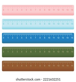 Ruler is a measuring or painting tool. Colorful rulers with pink, blue, navy, brown and green. School or office supplies and stationery. Vector illustration on white background.