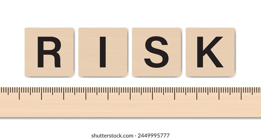 Ruler for measuring risk. Wooden labels with text - RISK. Risk assessment and management. Analyzing risk and consequence. Minimizing danger and failure. Strategy, planning. flat vector illustration