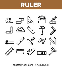 Ruler Measuring Tool Collection Icons Set Vektorillustration. Linearmatur, Geometrie-Stationiergerät für Linear-Piktogramme zum Messen, Band- und Roulettenkonzept. Monochrome Stressbilder