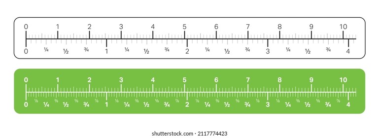 Gobernar con unidades métricas e imperiales para carpintero, ingeniería y enseñanza. Una regla blanca y verde con milímetro, pulgadas y fracciones. 
