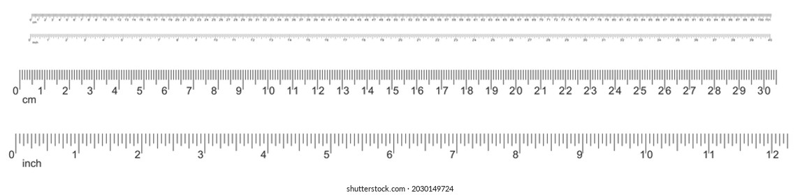 Ruler. Metric and inch scales from 1 to 100 centimeters and from 1 to 40 inches for length measurements. Vector illustration. Correct scale is 1: 1. Ruler for comparing sizes of objects in the photo.