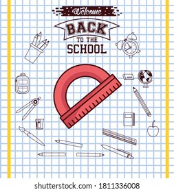 regla sobre el diseño de fondo de papel a cuadros, Volver a la clase de educación escolar y tema de lección Ilustración vectorial