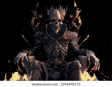 The ruler on the throne. Illustration of art fantasy. Dark demon, skull face with the throne. Vector illustration.