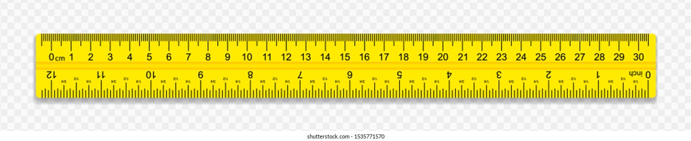 Ruler on transparent background with shadow. The ruler is yellow. Creative vector illustration of realistic colorful rulers isolated on background. Vector illustration.