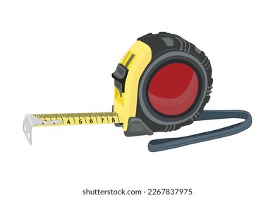 Regla sobre fondo blanco.Cinta de medida de carpintero amarillo con escala de unidades imperiales.Ruleta con marcas de graduación de unidades métricas.Herramienta de construcción.Equipo de medición para reparación de casas.Ilustración vectorial