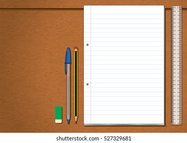 Ruler Pen Pencil Eraser Paper Stationery On Wooden Desk