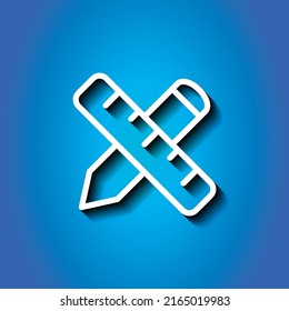 Ruler, pen simple icon vector. Flar design. White icon with shadow on blue background.ai