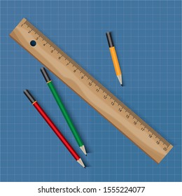 ruler and pencil blue background