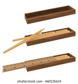 Ruler, pencil and box on a diorama view. Wooden object box set.