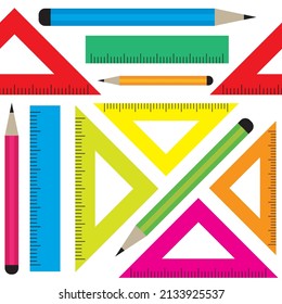 Ruler and pencil colorful seamless pattern. Back to school theme for covers, prints, backgrounds.