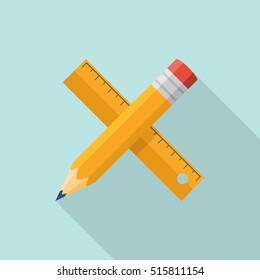 Ruler pencil concept of web design. Working instruments, design tools, equipment. Drawing, sketching. Icon flat design. Vector illustration. Symbol of creativity, education.