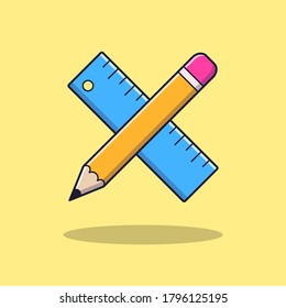 Ruler and pencil crossed flat style cartoon illustration. The education concept icon isolated. Equipment for writing, drawing, creativity, and measure.