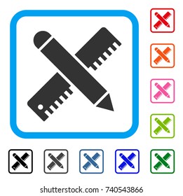 Ruler And Pencil Design Tools icon. Flat grey pictogram symbol inside a light blue rounded frame. Black, gray, green, blue, red, orange color variants of Ruler And Pencil Design Tools vector.