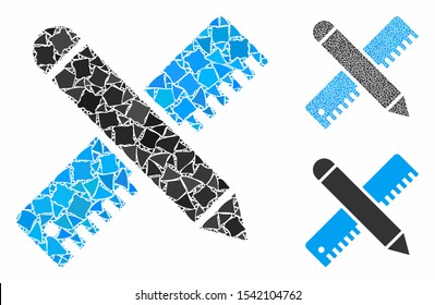 Ruler and pencil design tools mosaic of rugged items in different sizes and color tinges, based on ruler and pencil design tools icon. Vector tuberous items are combined into illustration.