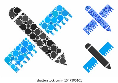 Ruler and pencil design tools mosaic of circle elements in variable sizes and color tones, based on ruler and pencil design tools icon. Vector round elements are united into blue mosaic.