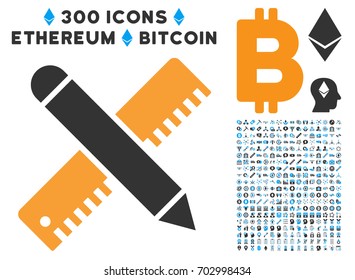 Ruler And Pencil Design Tools pictograph with 300 blockchain, bitcoin, ethereum, smart contract graphic icons. Vector illustration style is flat iconic symbols.