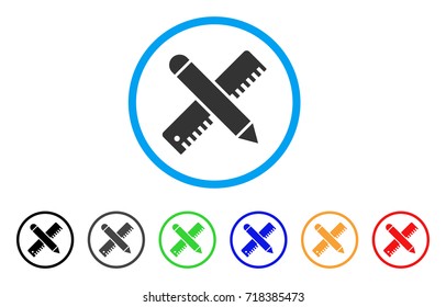 Ruler And Pencil Design Tools rounded icon. Style is a flat ruler and pencil design tools gray symbol inside light blue circle with black, gray, green, blue, red, orange color versions.