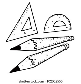 ruler and pencil in doodle style