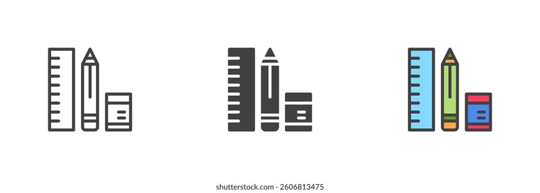 Ruler, pencil and eraser different style icon set. Line, glyph and filled outline colorful version, outline and filled vector sign. Design tools symbol, logo illustration. Vector graphics