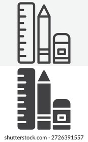 Conjunto de iconos de estilo diferente de lápiz y borrador de Regla. Versiones de líneas, contornos e iconos sólidos. Signo y Vector de trazo editable para papelería escolar. Icono de herramientas.